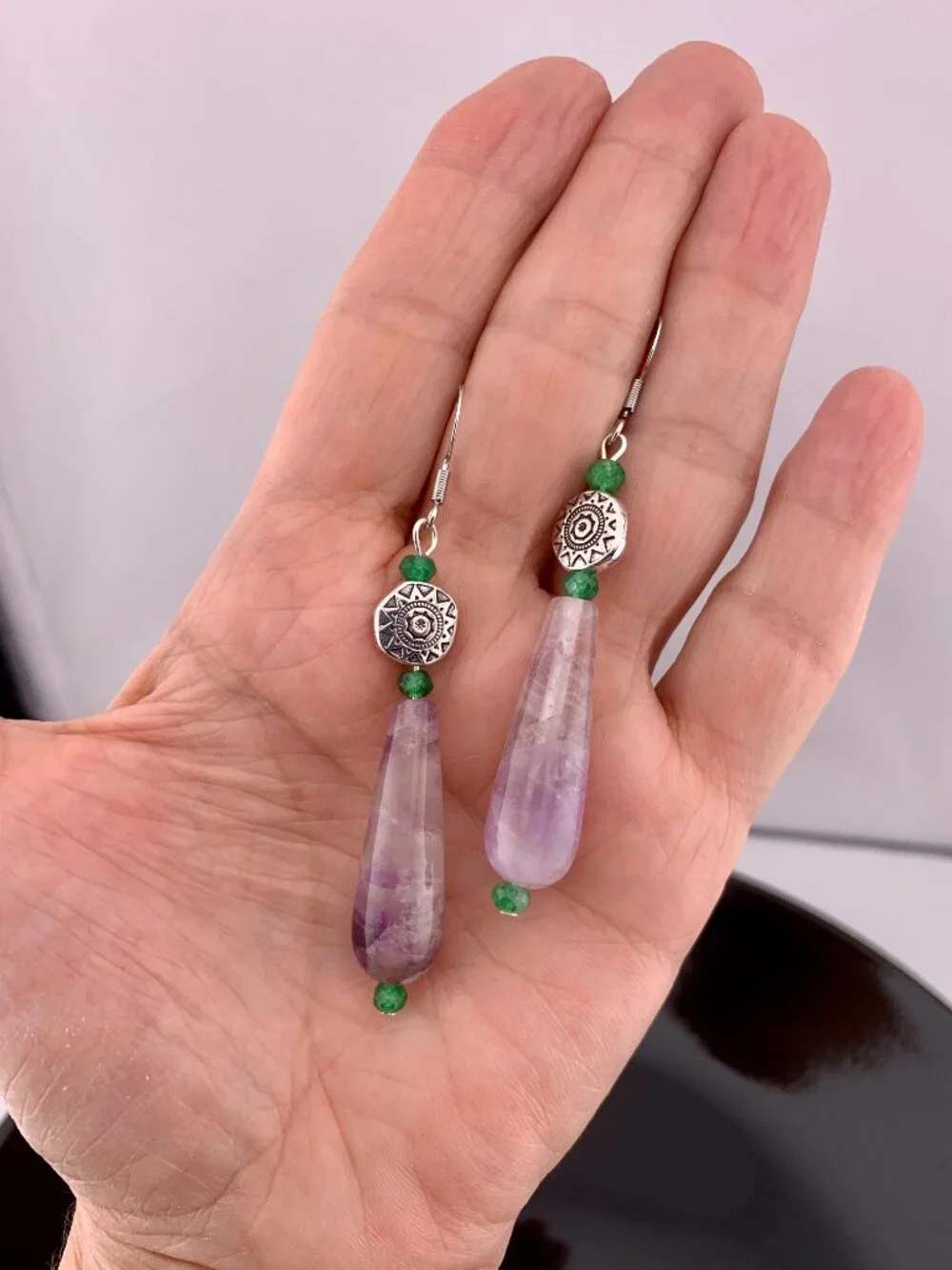 Amethyst Green Chalcedony Silvertoned Gemstone Boho Handcrafted Earrings LR210
